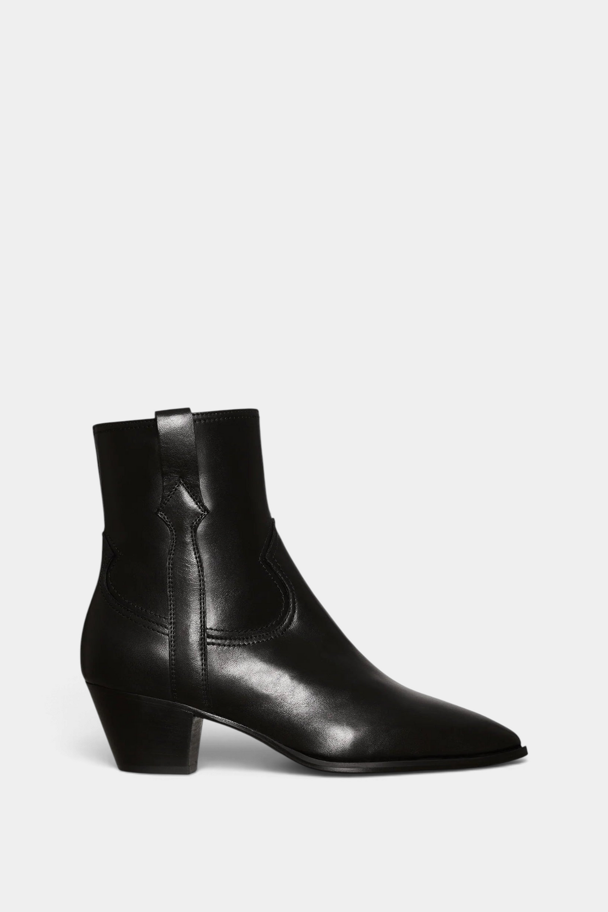 The Copper Shed Lou western boot in black Italian lambskin leather with a tapered stacked heel and side pull tabs.