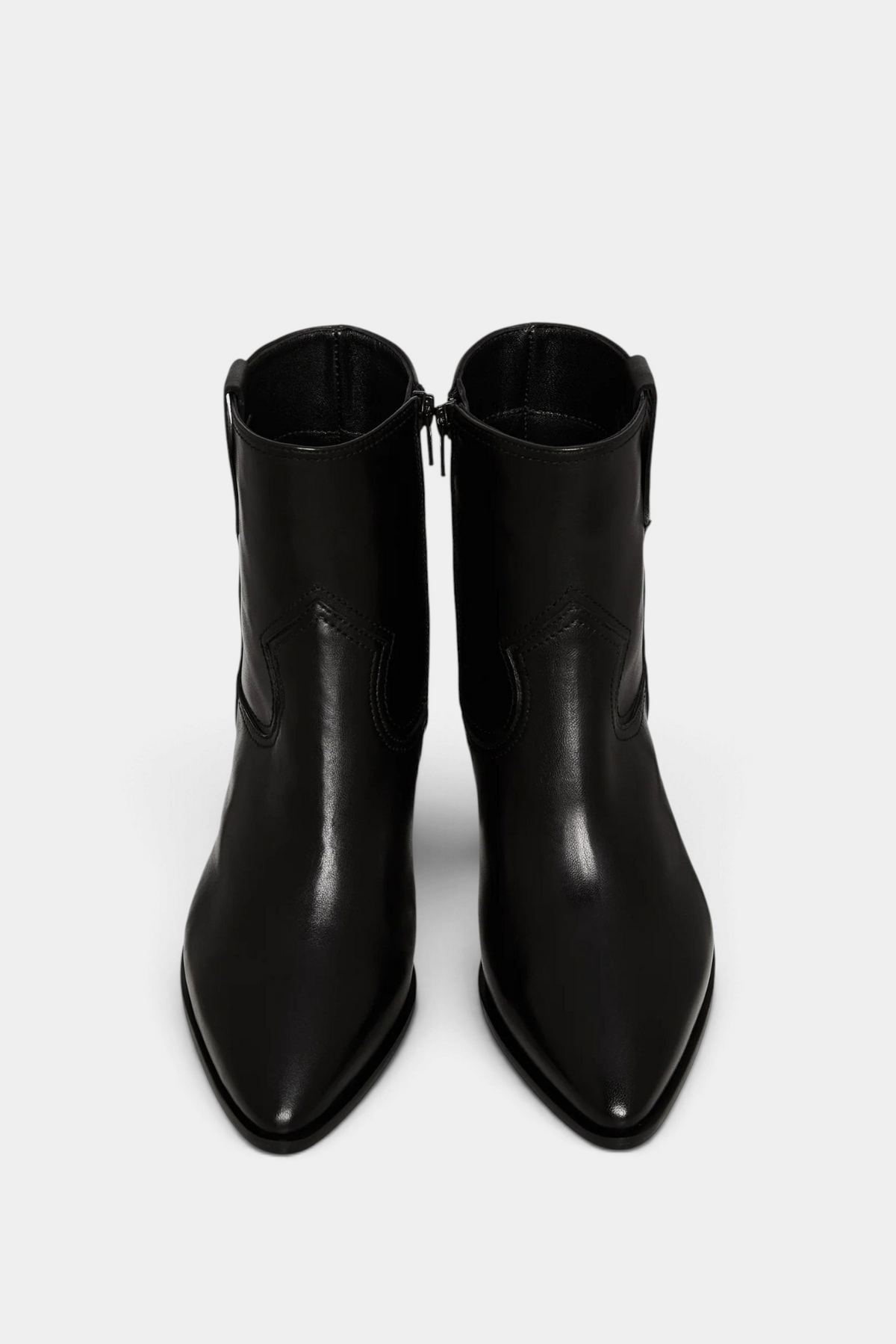 The Copper Shed Lou western boots in black Italian lambskin leather with a tapered heel and side zip closure.