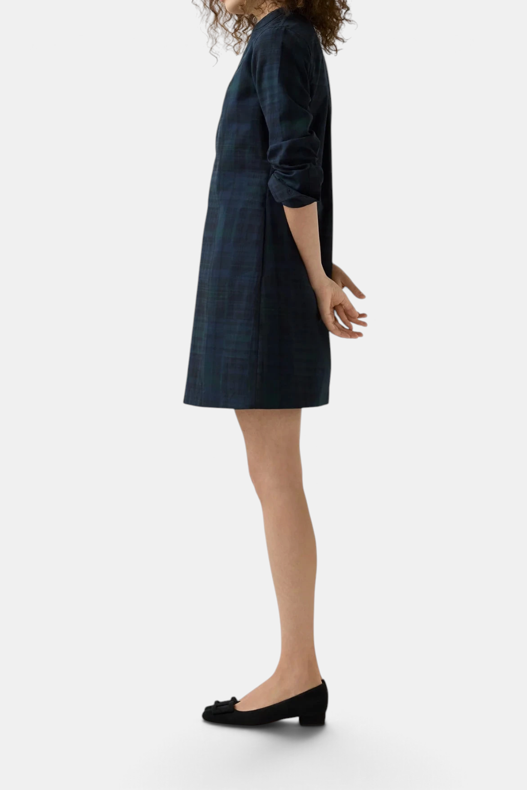 The Copper Shed Mackey tartan dress in cotton with mandarin collar and tuxedo bib detail, side view.