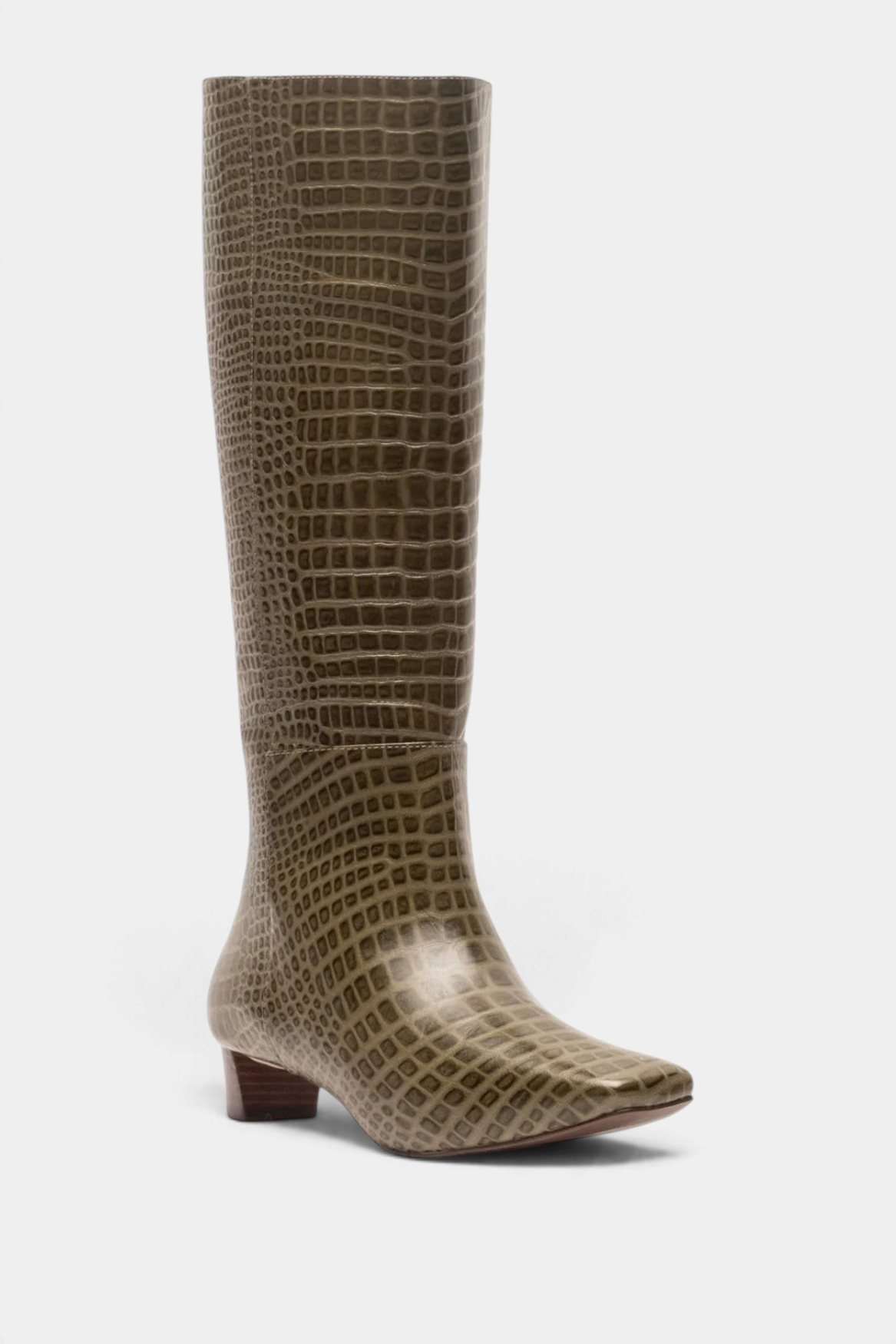 The Copper Shed Mackie knee-high boot in olive green croc-embossed leather with a square toe and low block heel.