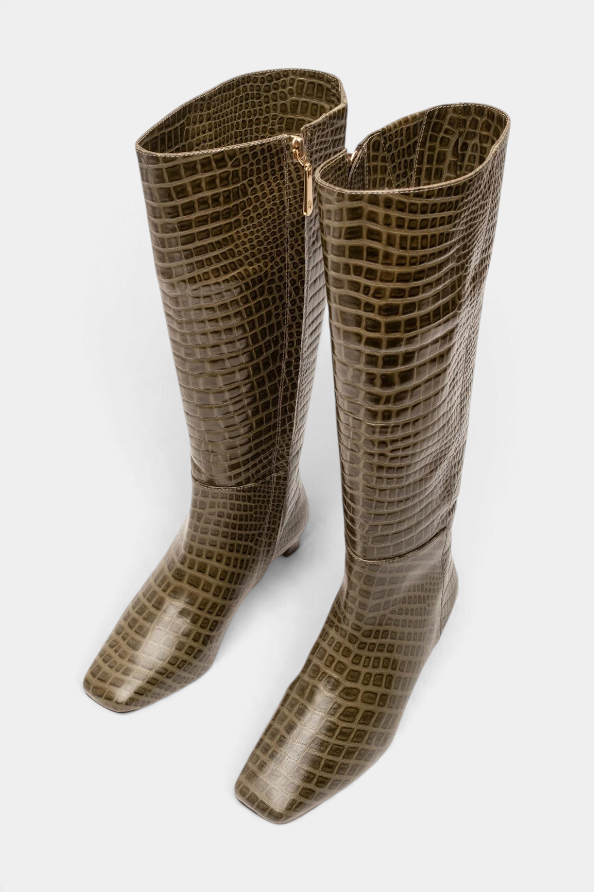 The Copper Shed Mackie knee-high boots in olive green croc-embossed leather with a square toe and low block heel.