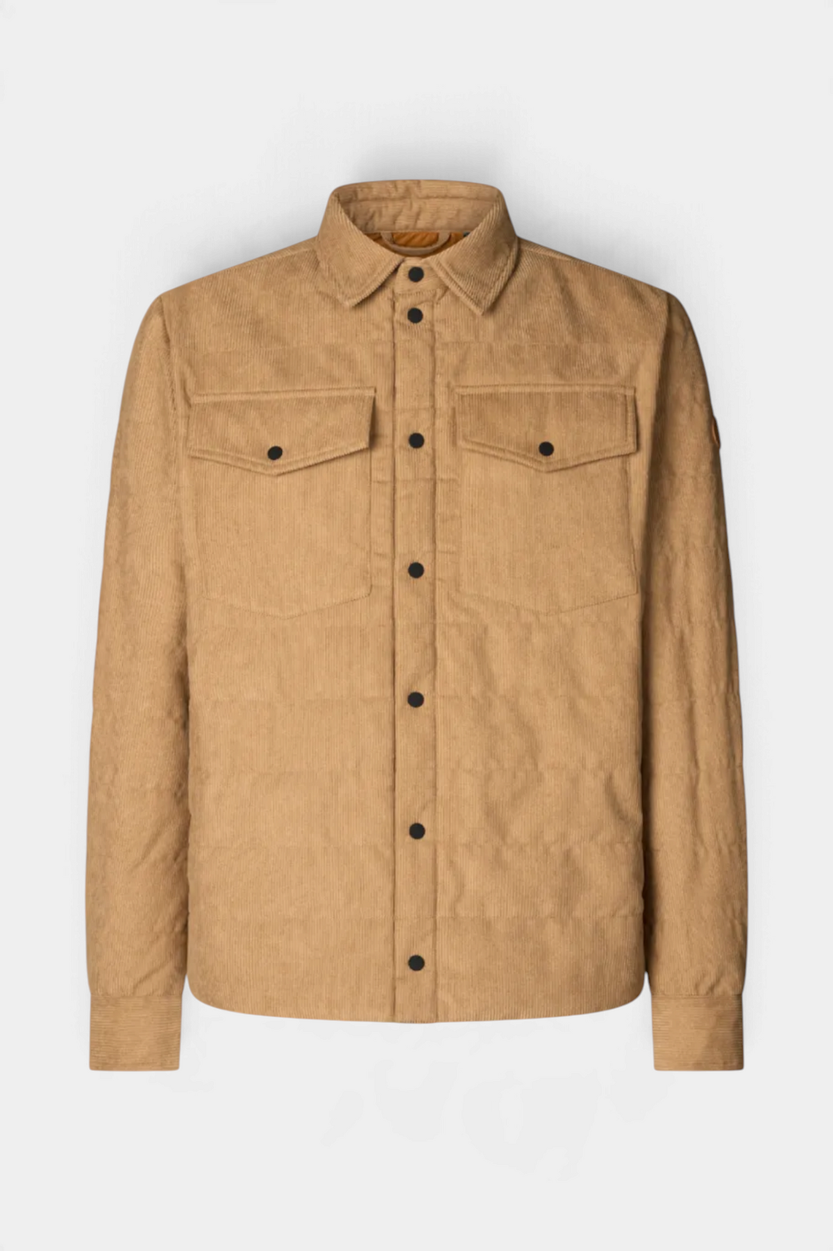 The Copper Shed Magnus jacket in tan corduroy with snap-button pockets and a pointed collar for men.