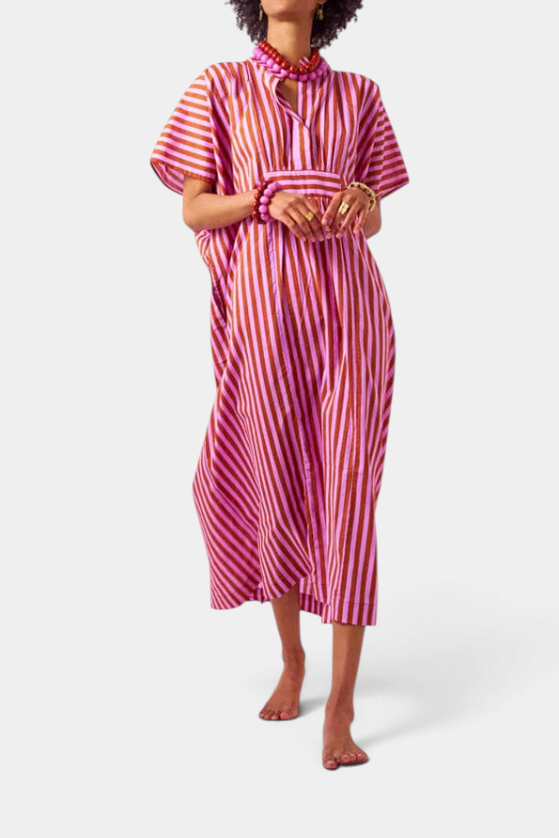 The Copper Shed Margot stripe kaftan in rusty brown and lilac with an oversized fit and internal drawstring waist.