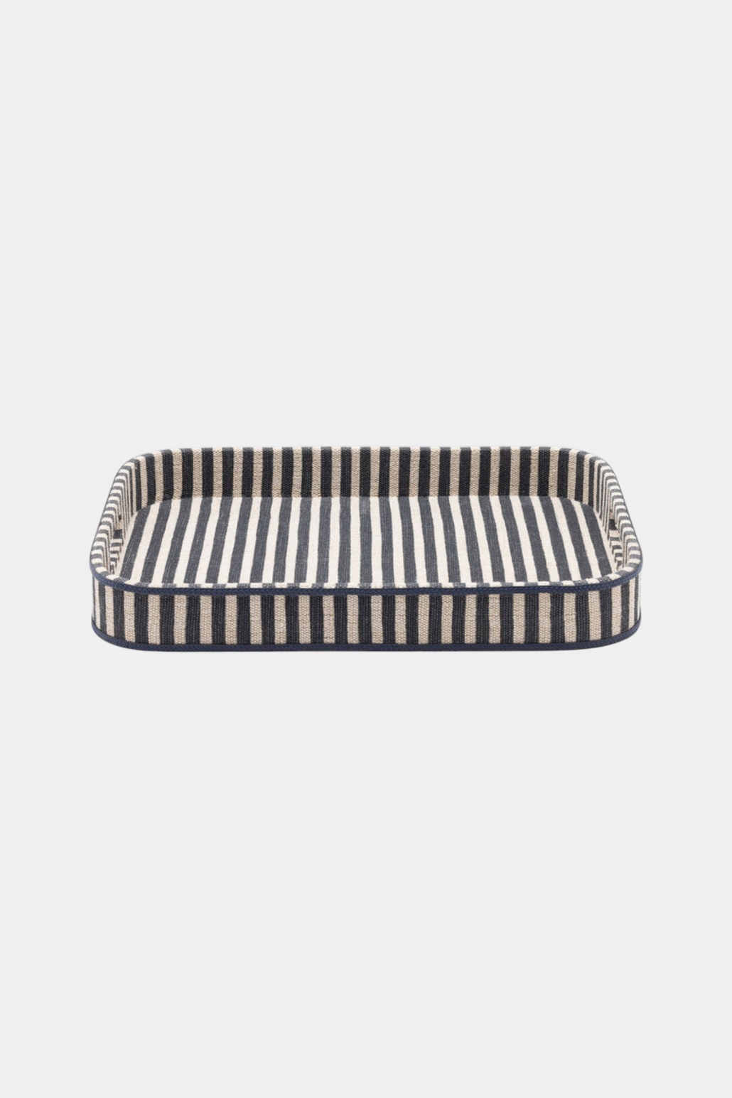 The Copper Shed Martello rectangular tray in navy and natural striped cotton jute with leather edge detailing.