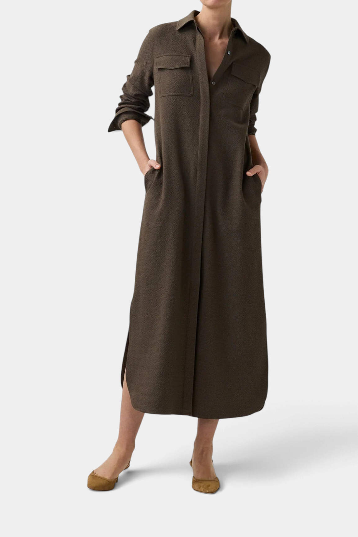 The Copper Shed Maude dress in dark brown textured cotton wool blend with chest pockets and a self-tie belt.