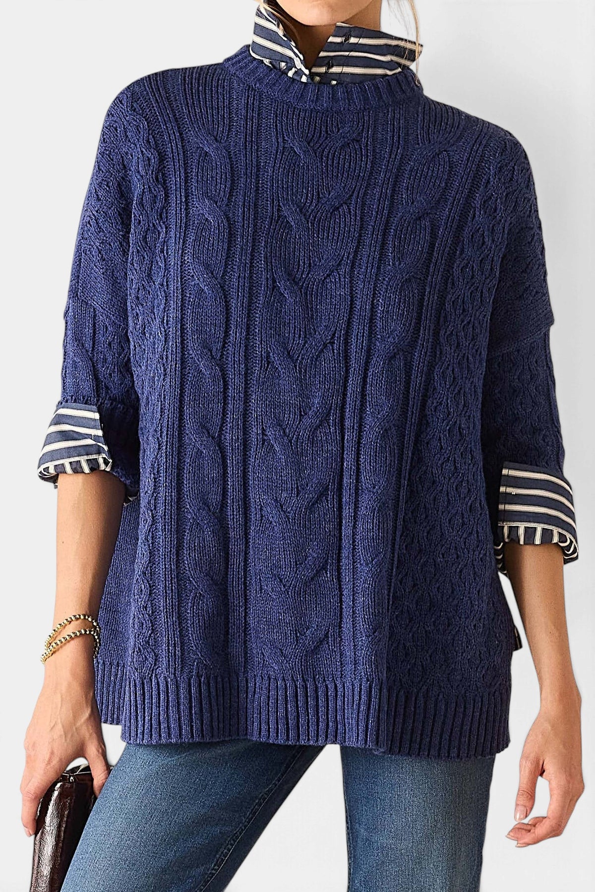 The Copper Shed MERSEA Cotswold cableknit sweater in navy blue with striped shirt collar and cuffs