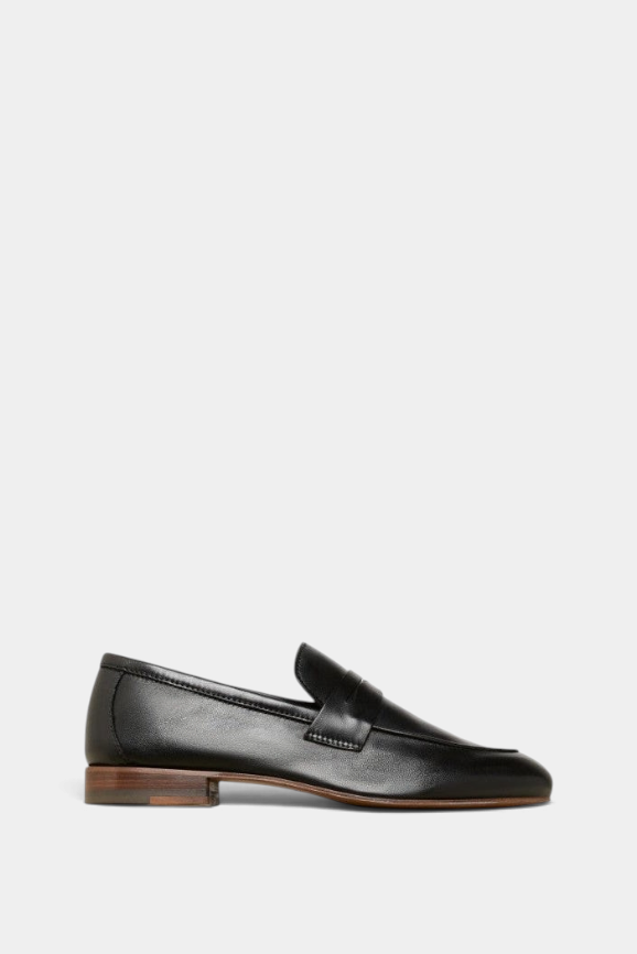 The Copper Shed Mia black Italian lambskin leather loafer with a classic penny slot and low stacked heel.