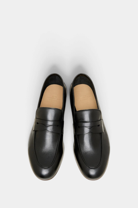 The Copper Shed Mia black Italian lambskin leather loafers with a classic penny slot and stacked heel