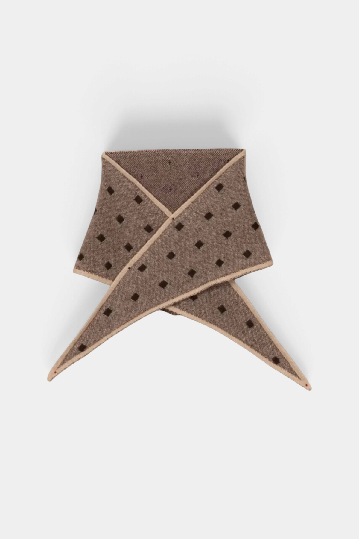 The Copper Shed Mia triangle cashmere neckerchief in brown with a dark brown square pattern and light trim.
