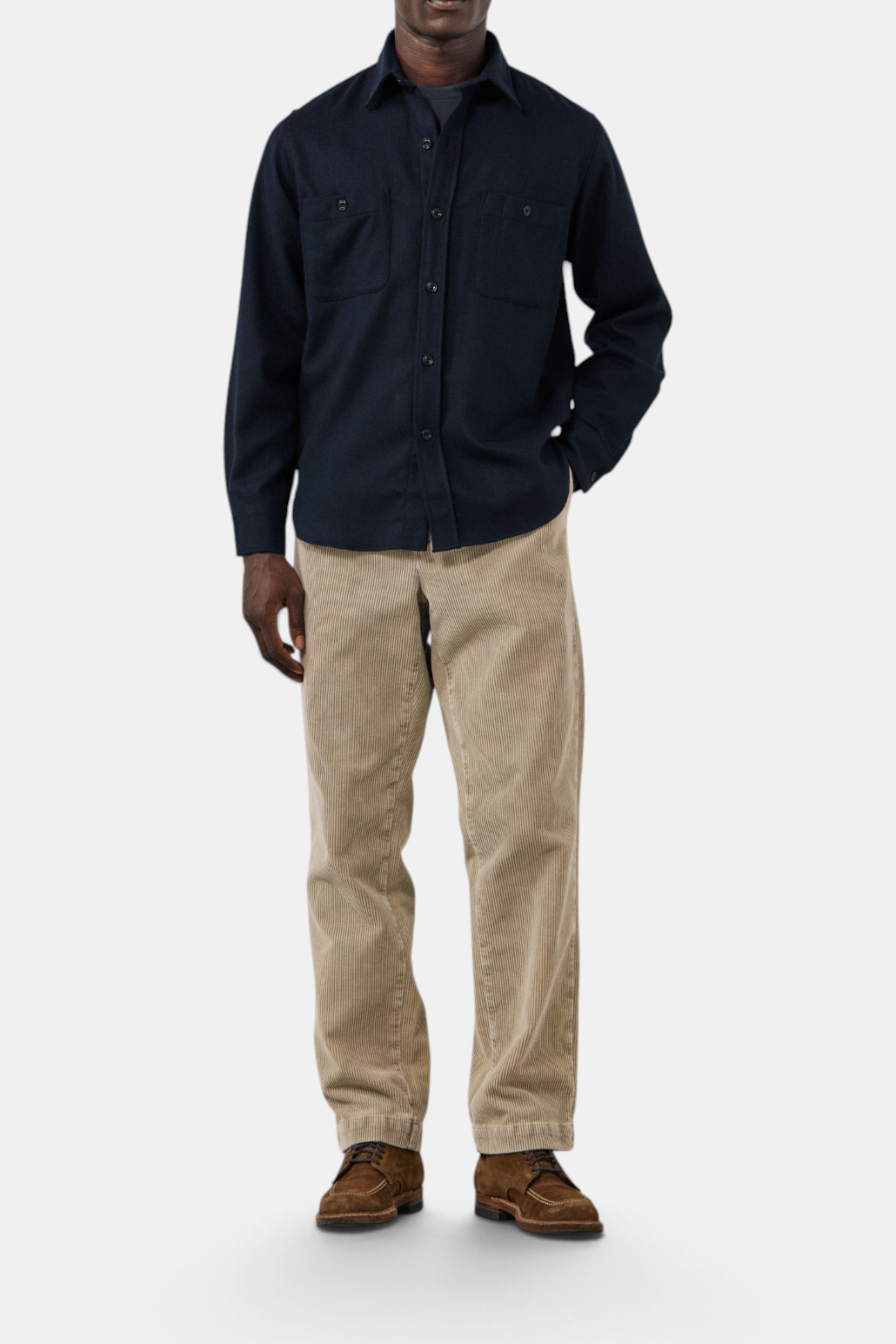 The Copper Shed navy blue boiled wool flannel shirt with chest pockets and buttoned cuffs worn by a man.