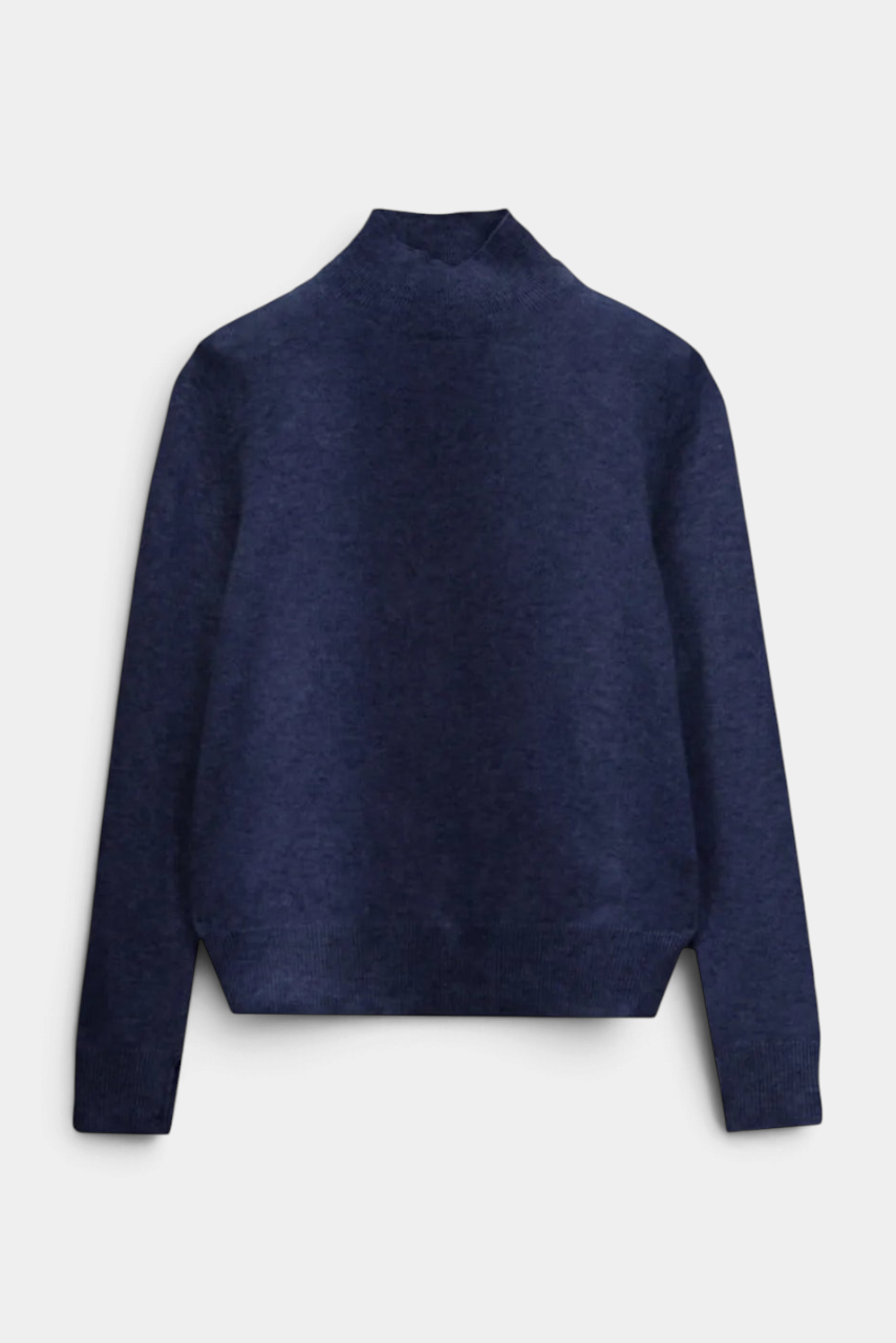 The Copper Shed navy blue high neck long sleeve sweater in soft 100% Mongolian cashmere with a relaxed fit.