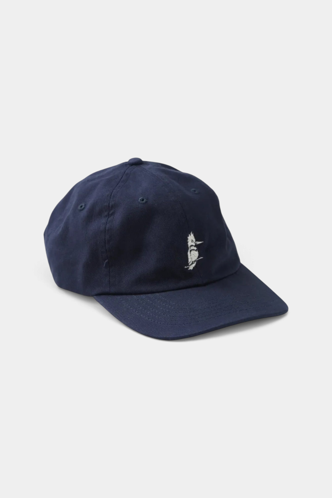 The Copper Shed navy blue washed cotton twill dad hat with unstructured profile and embroidered kingfisher logo