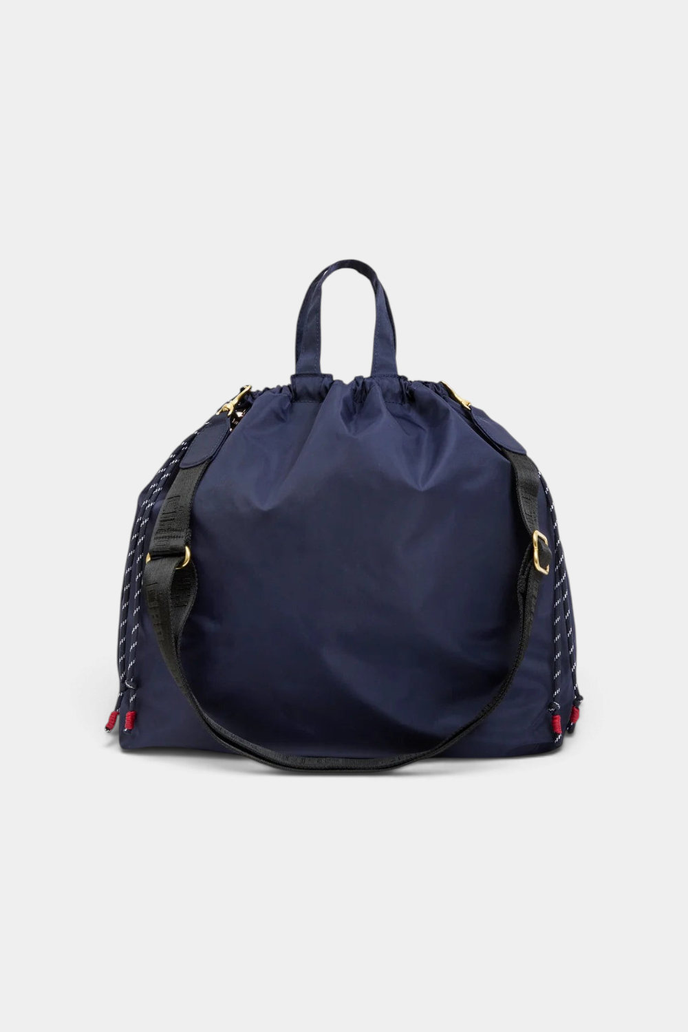 The Copper Shed Sac Tout navy blue recycled polyester drawstring bag with top handles and adjustable crossbody strap