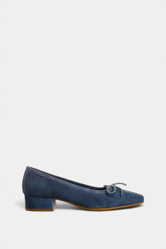 The Copper Shed navy blue suede ballerina flats with a 3cm block heel and delicate bow detail on the toe.