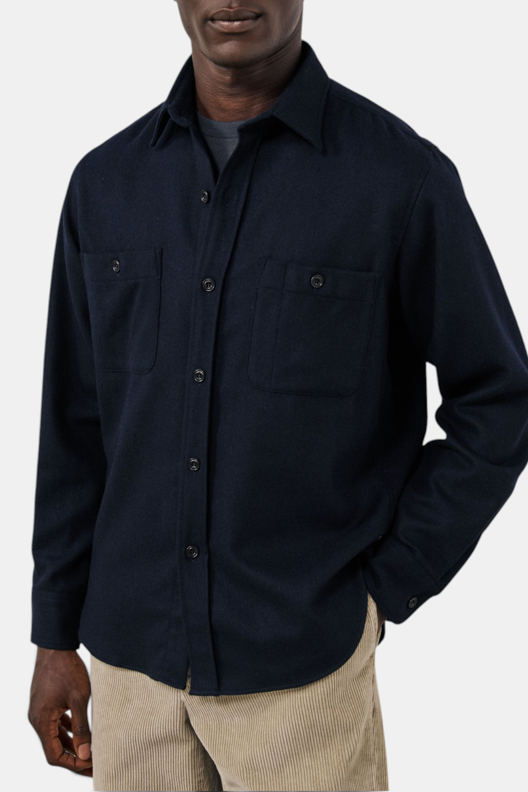 The Copper Shed navy blue boiled wool flannel shirt with buttoned chest pockets and a classic collar.