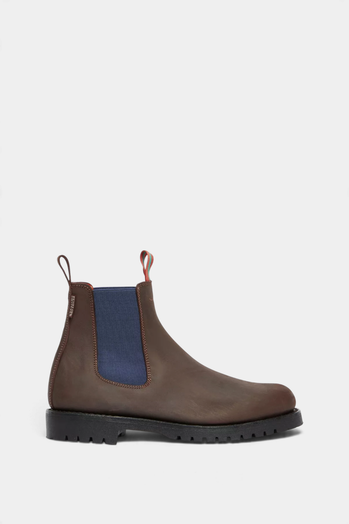 The Copper Shed Nelson mens brown leather ankle boot with blue elastic side panels and a black Goodyear welt sole.