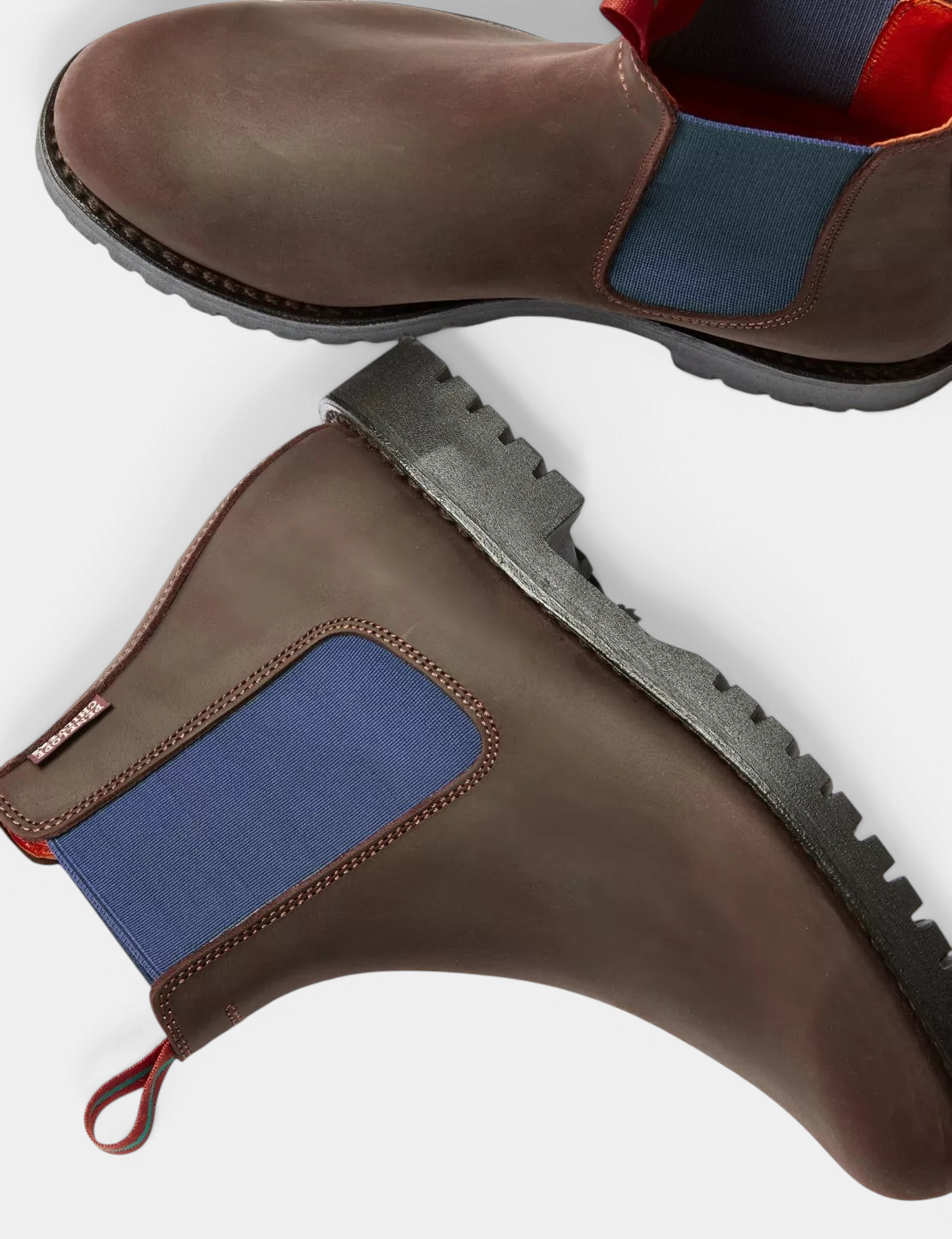 The Copper Shed Nelson mens brown leather ankle boots with blue elastic side panels and rugged rubber lug soles