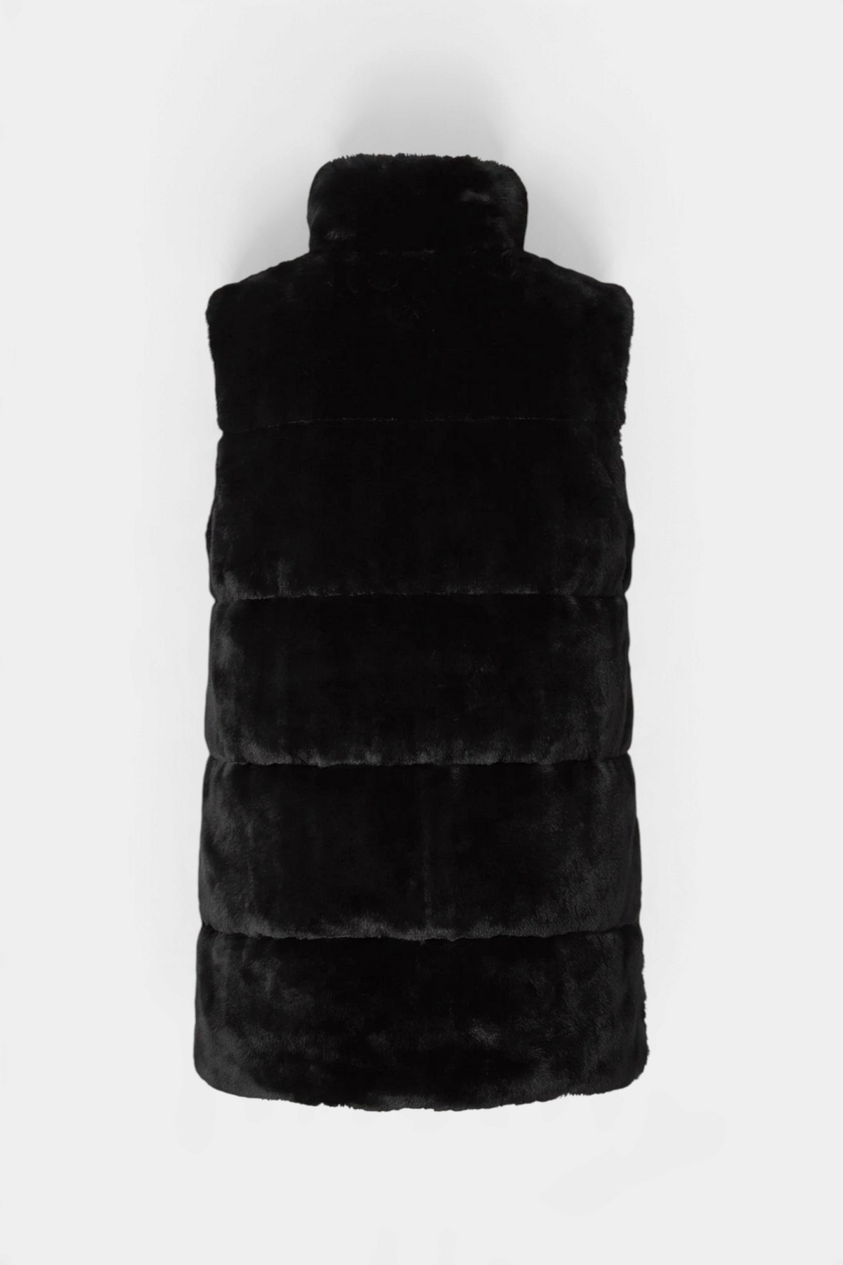 The Copper Shed Nives reversible black faux fur vest with a stand-up collar and quilted texture.
