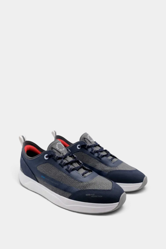 The Copper Shed Offshore Shoe in navy and grey with breathable Leno Weave mesh, fast-lacing, and non-slip marine sole.