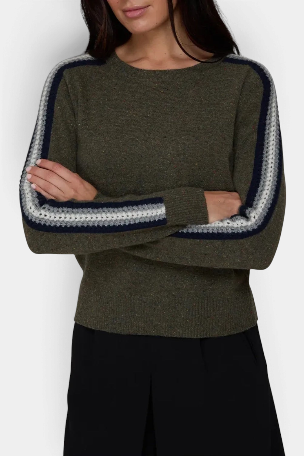 The Copper Shed olive green cashmere crewneck sweater with chunky navy and white racing stripes on the sleeves.