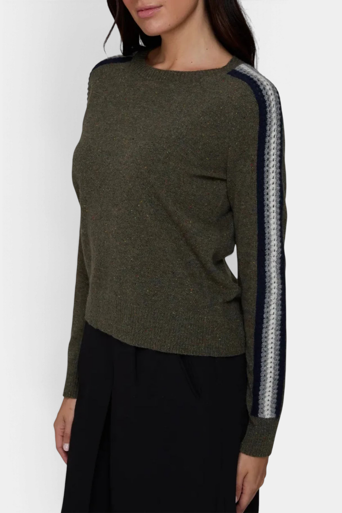 The Copper Shed olive green cashmere crewneck sweater with chunky racing stripes on the long sleeves