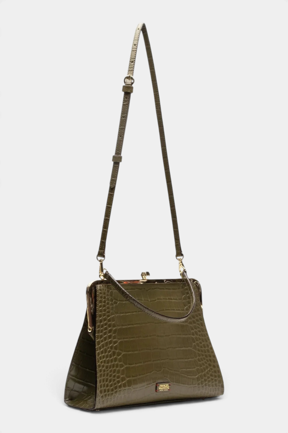 The Copper Shed Jackie frame bag in olive croc-embossed leather with a vintage kiss-lock closure and crossbody strap.