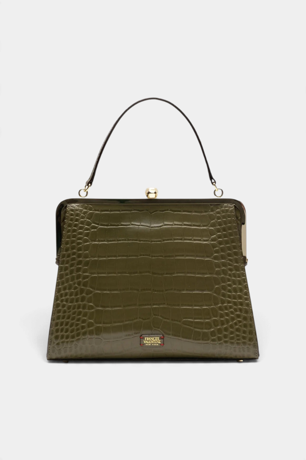The Copper Shed Jackie frame bag in olive green croc-embossed leather with a vintage kiss-lock closure.