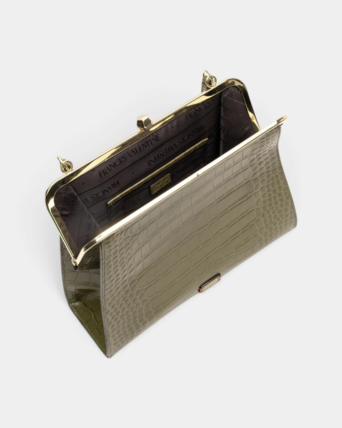The Copper Shed Jackie frame bag in olive green croc-embossed leather with a vintage gold kiss-lock closure.