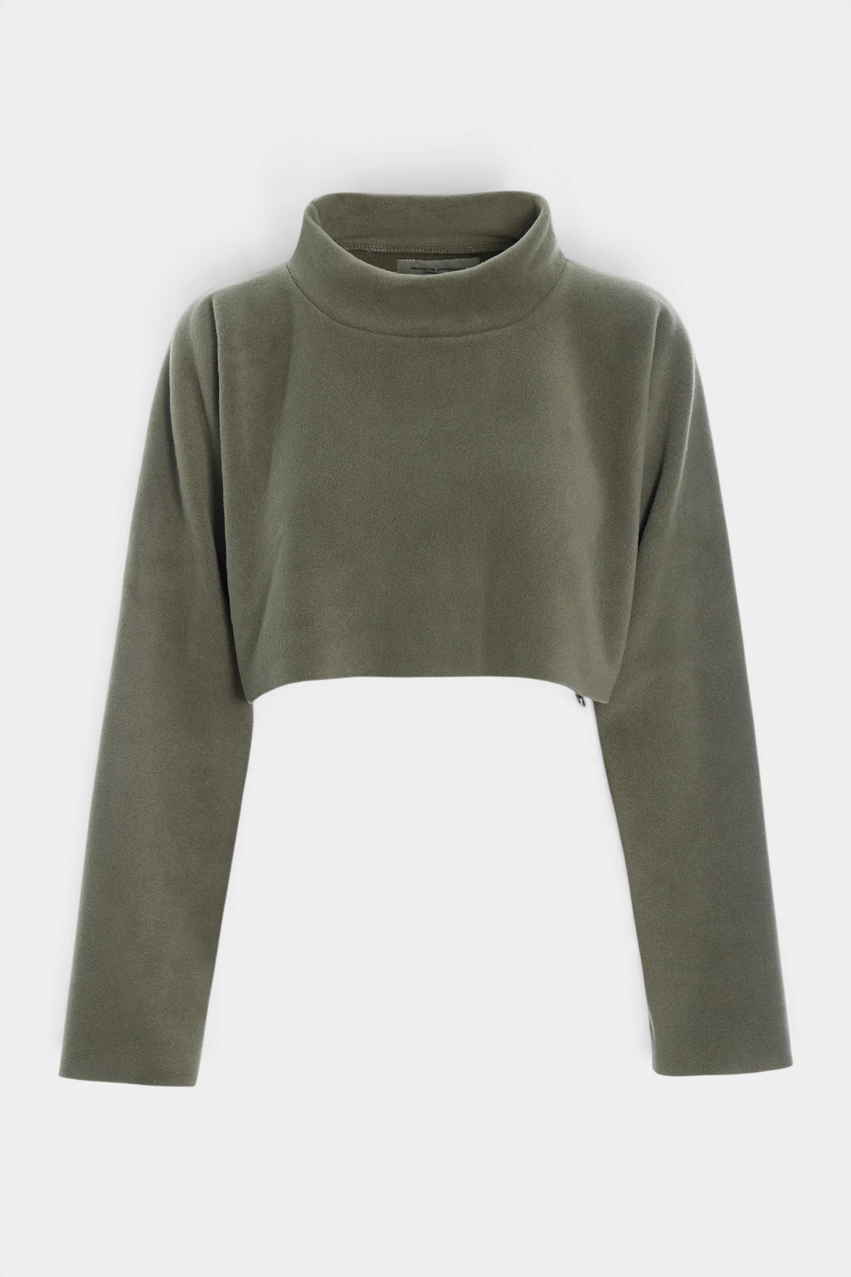 The Copper Shed Henriette Steffensen olive green cropped fleece pullover with a soft roll neck and long sleeves.