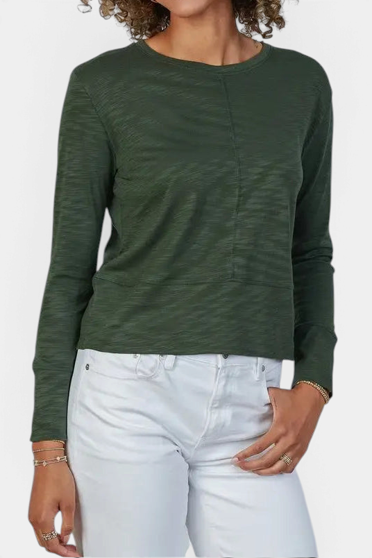 The Copper Shed Celia Perfect Length long sleeve tee in olive green Pima cotton slub with double-layered cuffs.
