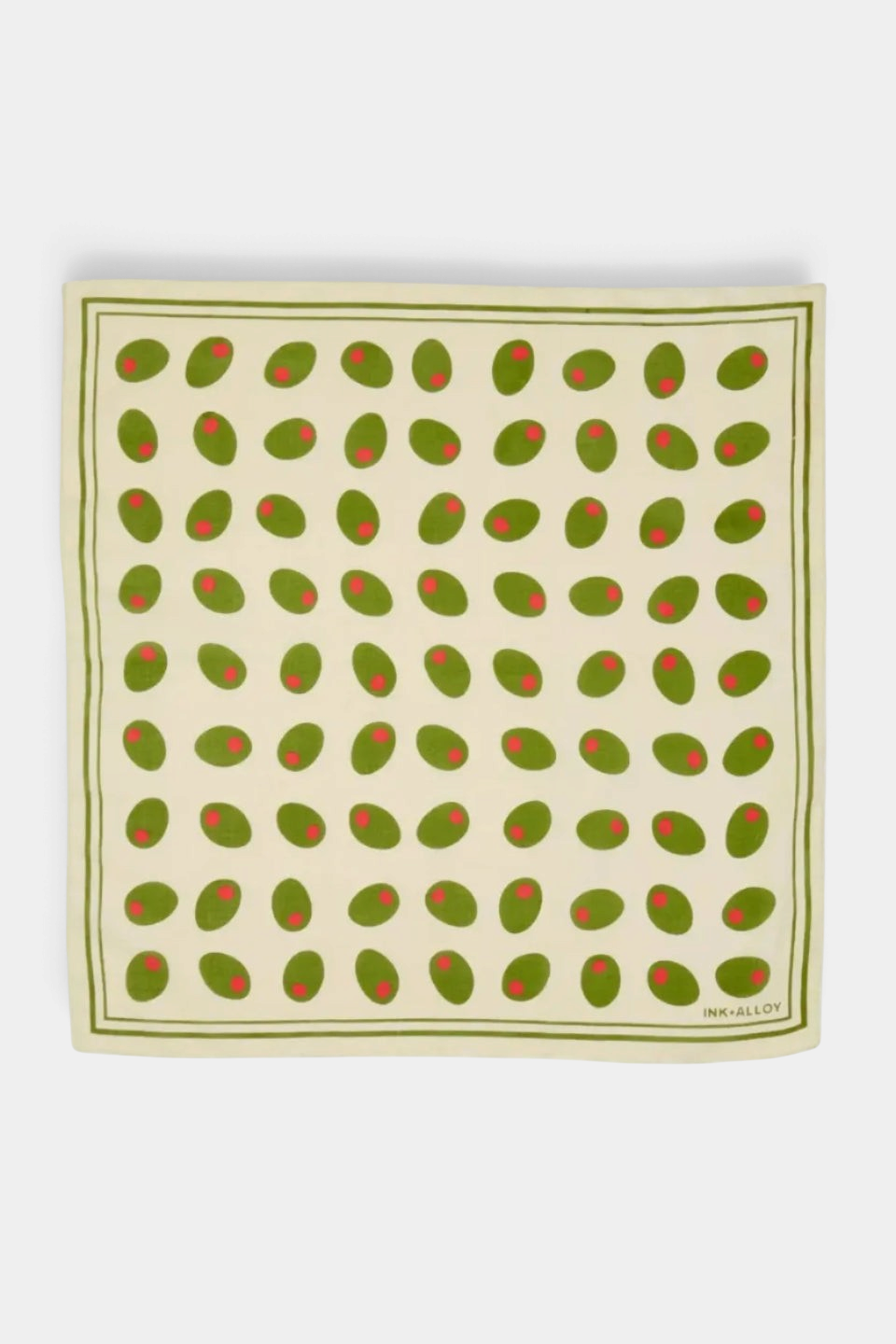 The Copper Shed Carson olive print square cotton scarf with a repeating green olive pattern on a cream background.