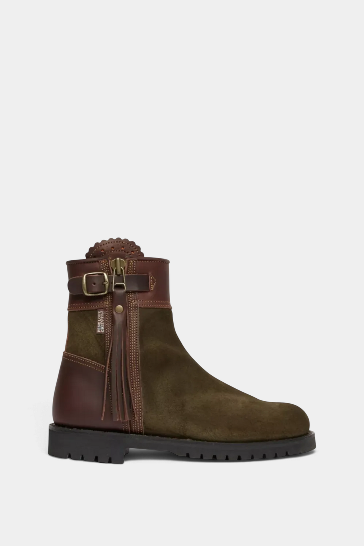 The Copper Shed Inclement cropped waterproof suede boot in olive green with brown leather trim and tassel detail.
