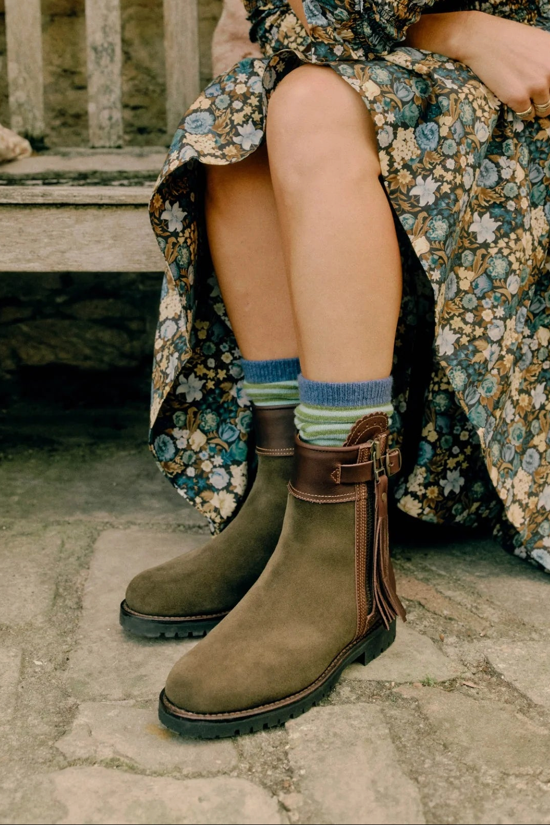 The Copper Shed olive green waterproof suede cropped tassel boots with brown leather trim and side buckle detail