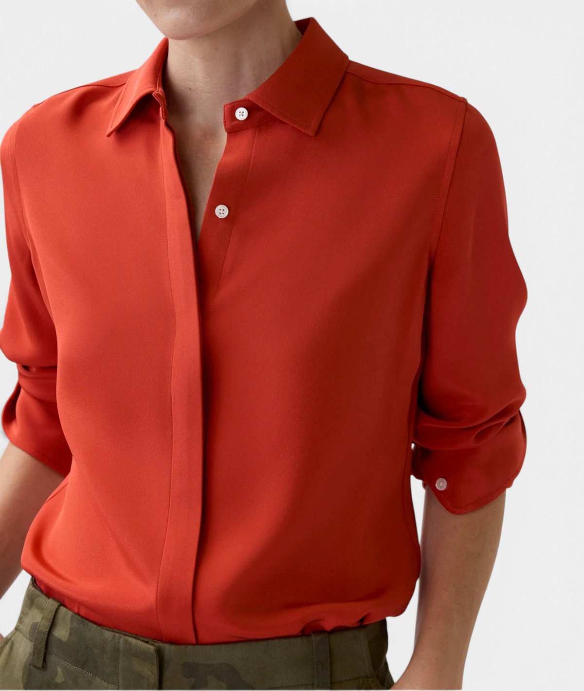The Copper Shed classic silk crepe de chine blouse in burnt orange with a point collar and mother-of-pearl buttons.