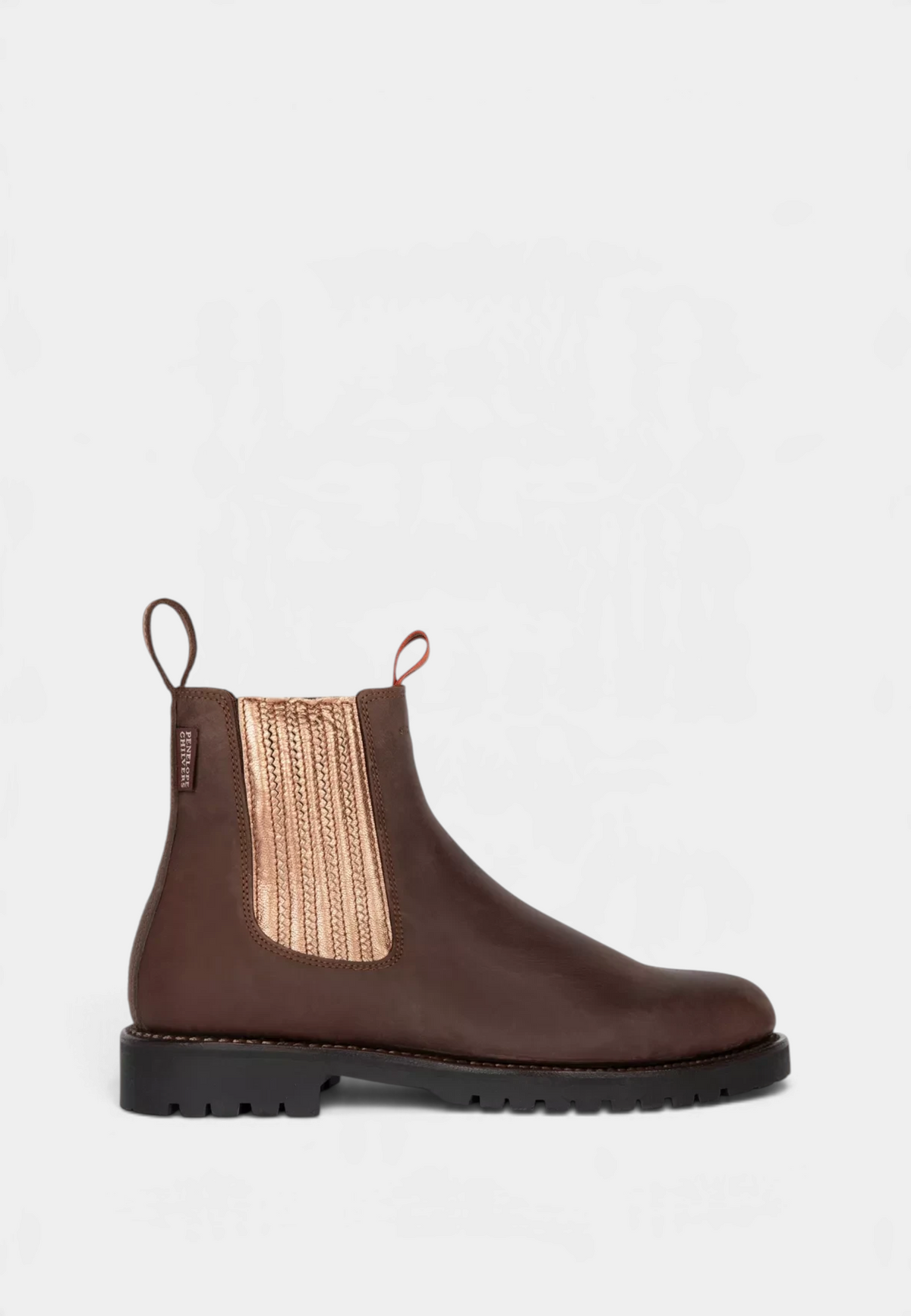 The Copper Shed Oscar Chelsea boot in bitter chocolate Spanish leather with rose gold elastic side panels