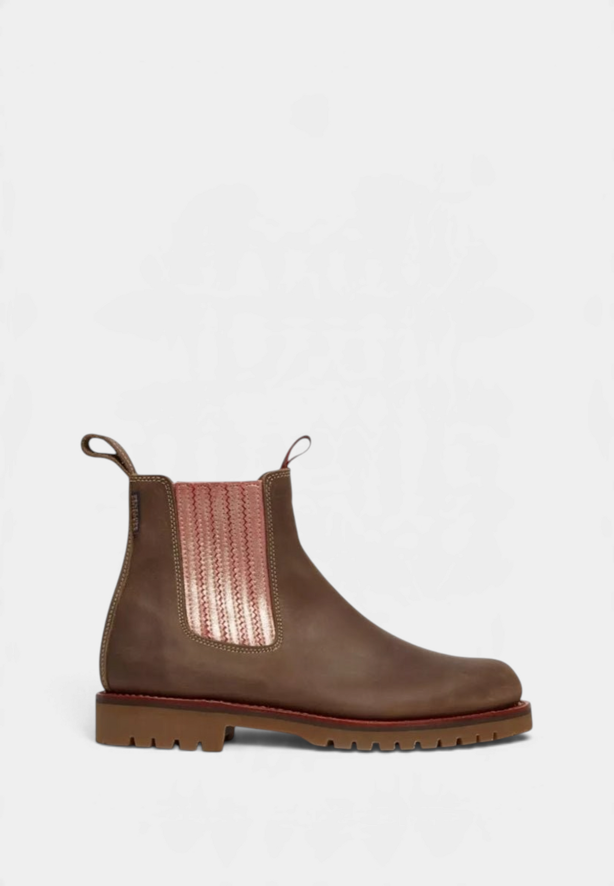 The Copper Shed Oscar Chelsea boot in bitter chocolate Spanish leather with rose gold elastic and tread sole.