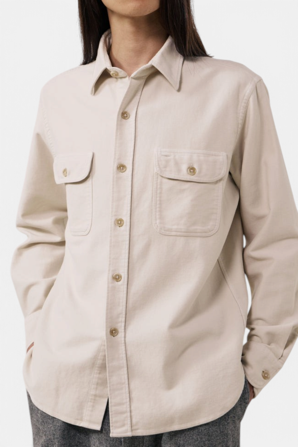 The Copper Shed Paco beige brushed cotton flannel shirt with classic collar and double buttoned chest pockets.