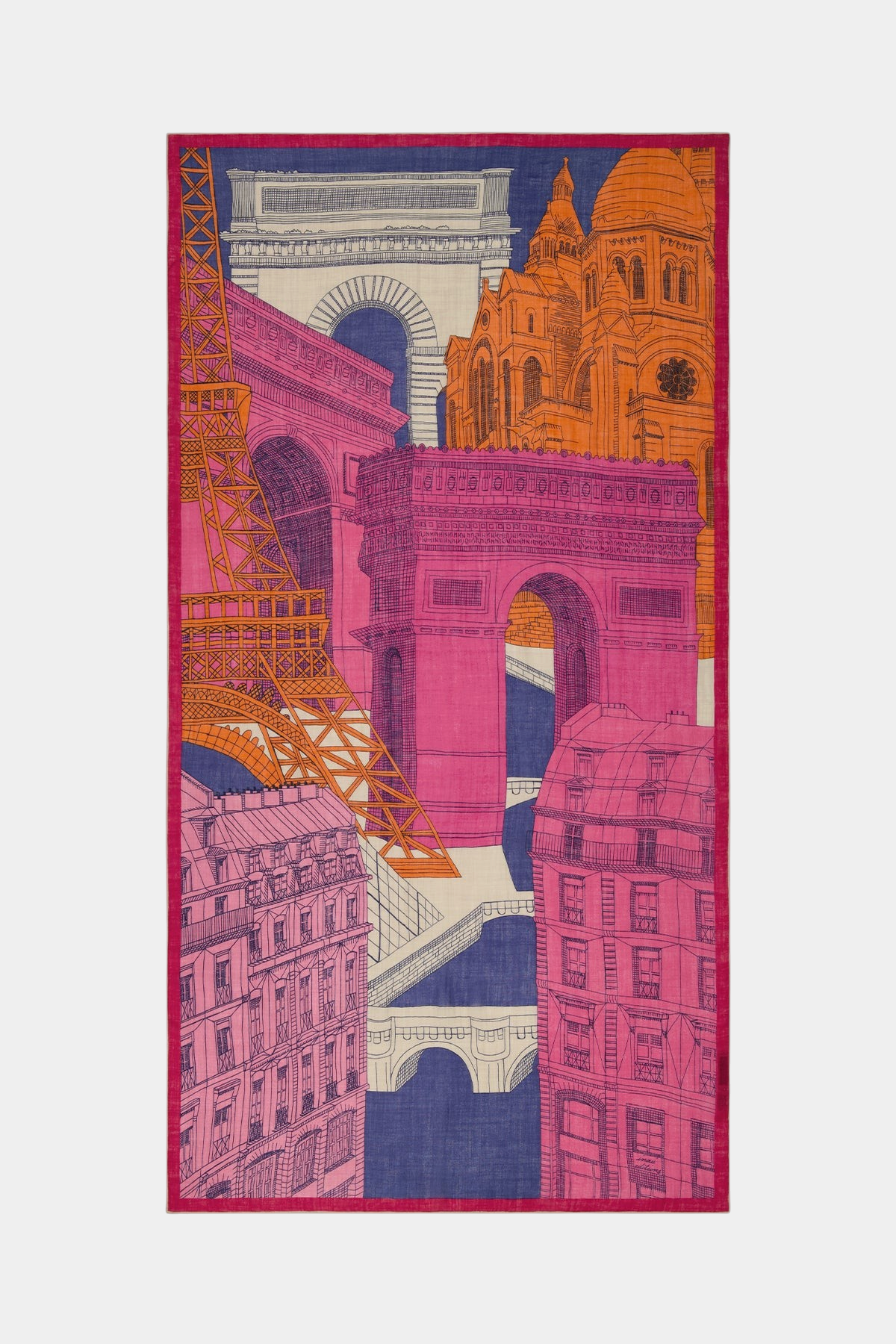 The Copper Shed fuchsia wool scarf featuring a vibrant illustrated print of iconic Paris landmarks and architecture.