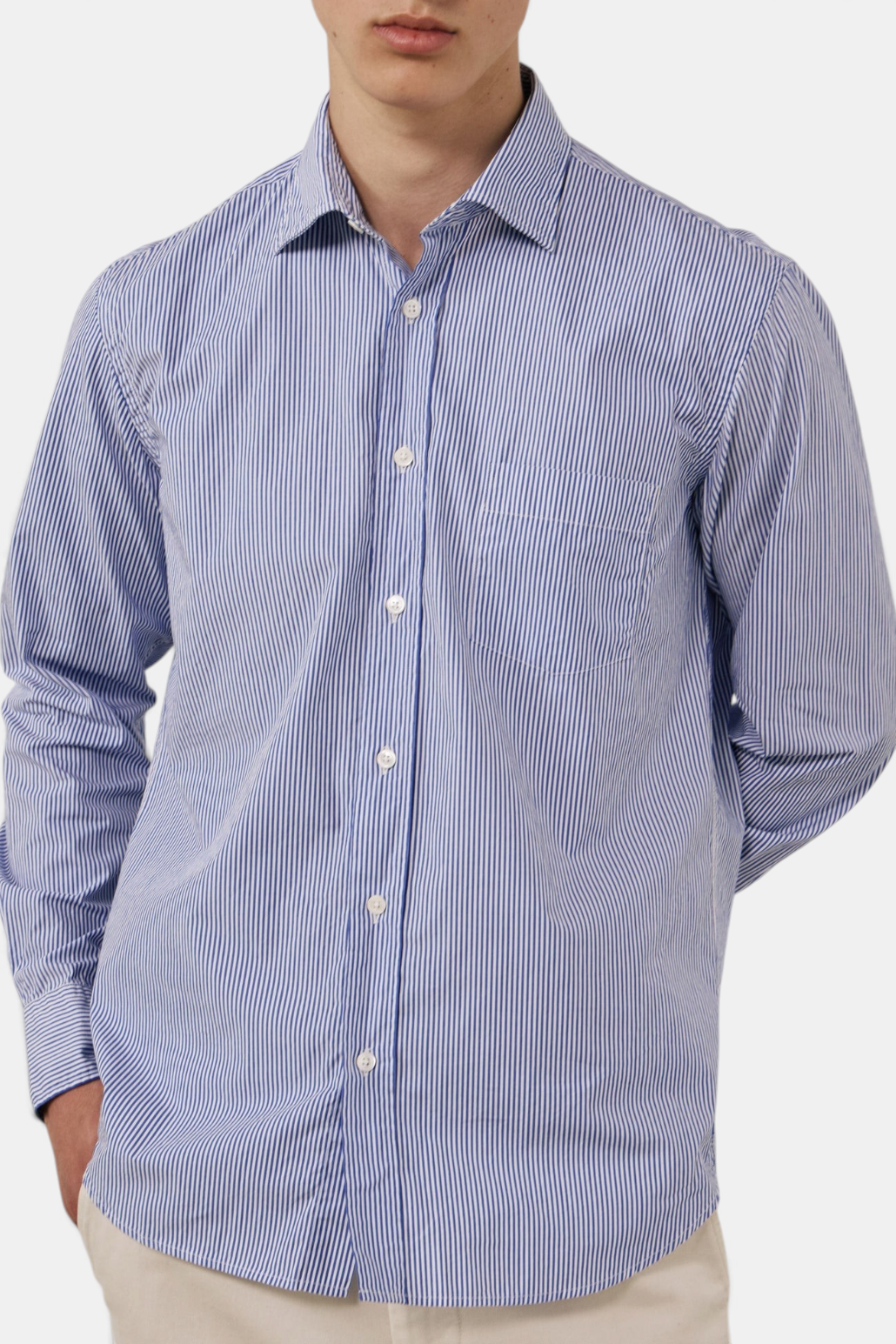 The Copper Shed Paul blue and white striped cotton poplin shirt with a semi-spread collar and chest pocket.
