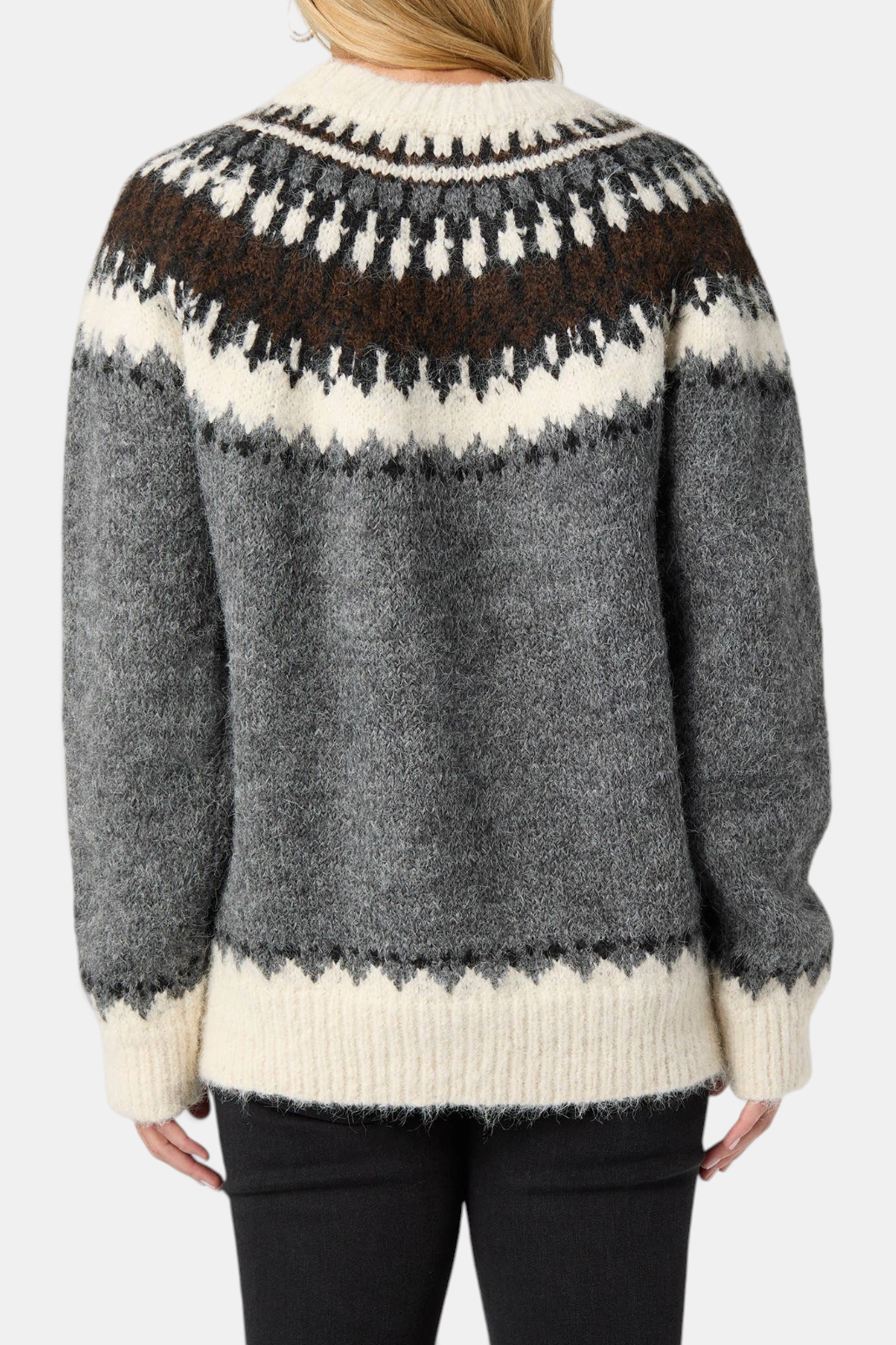 The Copper Shed Perissa mock neck sweater in grey with a cream and brown Fair Isle patterned yoke, back view.