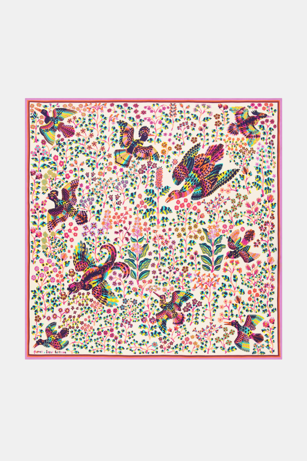 The Copper Shed Square 65 Perrot white silk scarf featuring a vibrant multi-coloured bird and floral print pattern