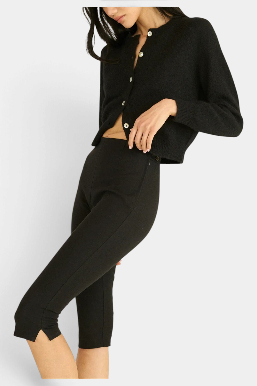 The Copper Shed Petra Cardigan in black alpaca and merino wool blend with shell buttons and a crew neck.