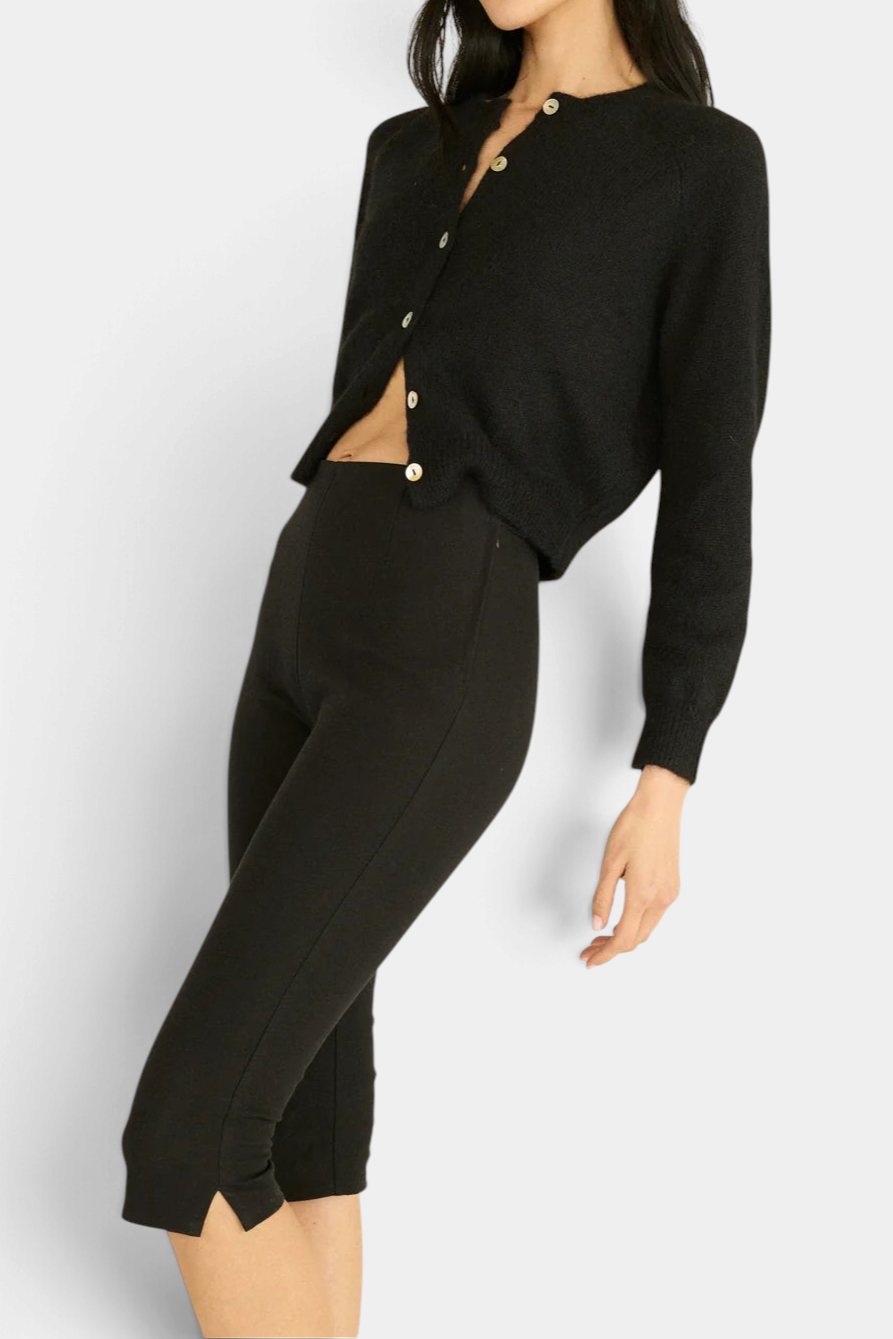 The Copper Shed Petra Cardigan in black alpaca and merino wool blend with shell buttons and fitted raglan sleeves