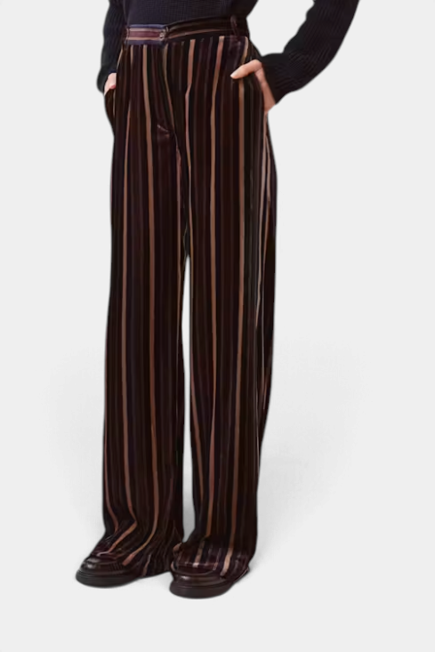 The Copper Shed Piedro trousers in striped velvet with a relaxed, fluid fit and elegant drape.