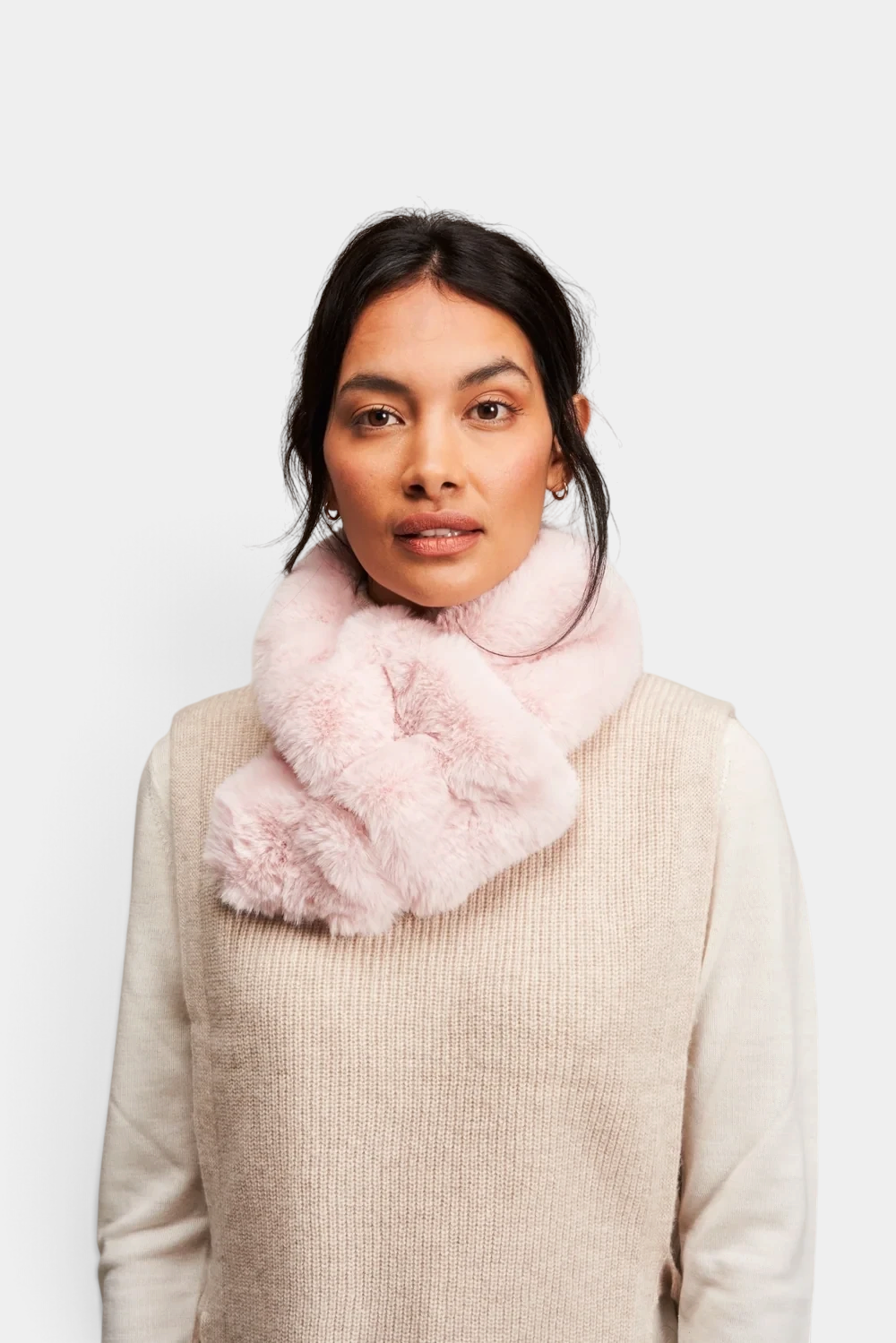 The Copper Shed pale pink faux fur ruffle scarf with stretch-gathered texture and elasticated loop closure.