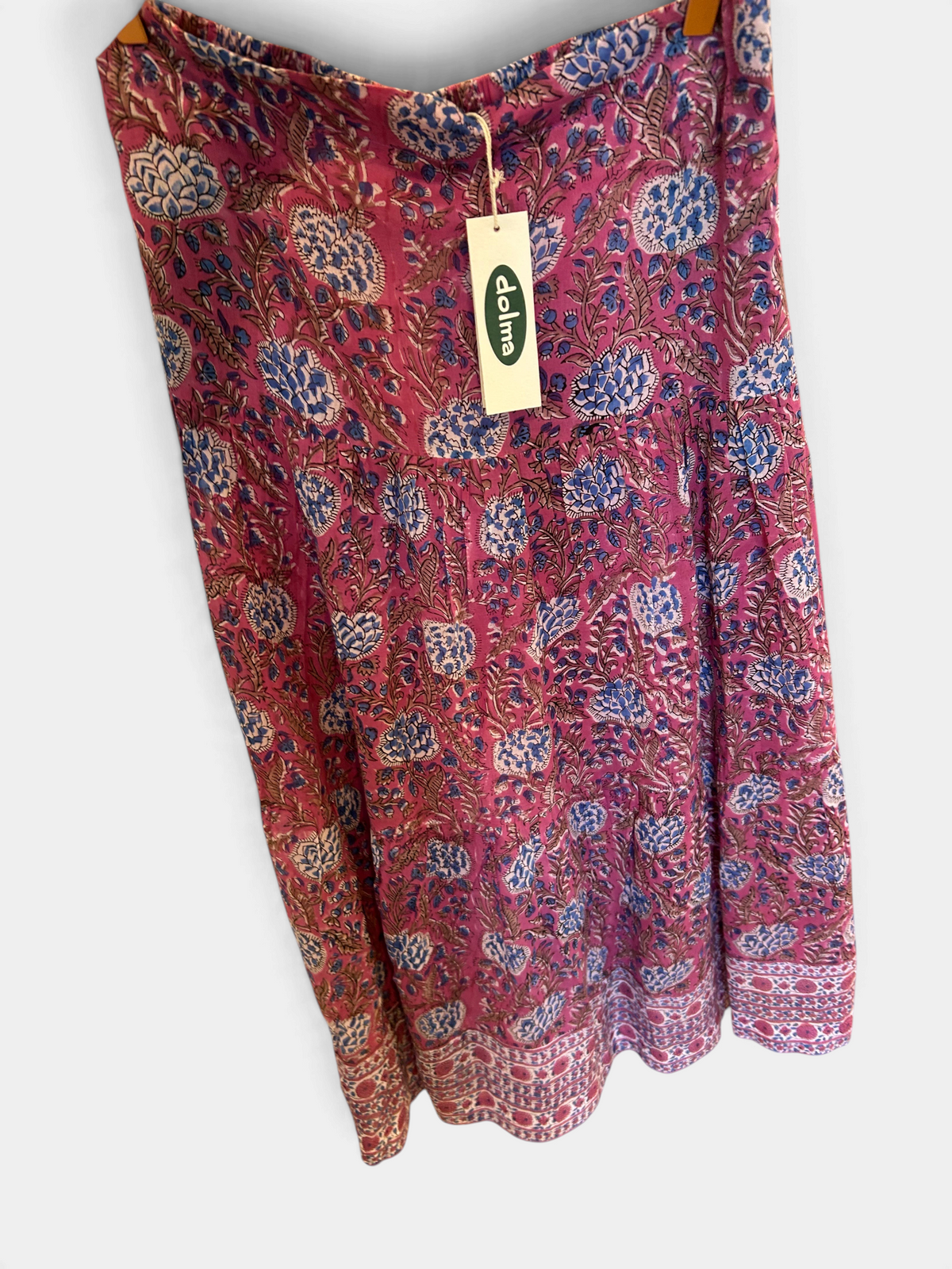 The Copper Shed ankle length tiered cotton skirt in pink with blue and white floral block print pattern