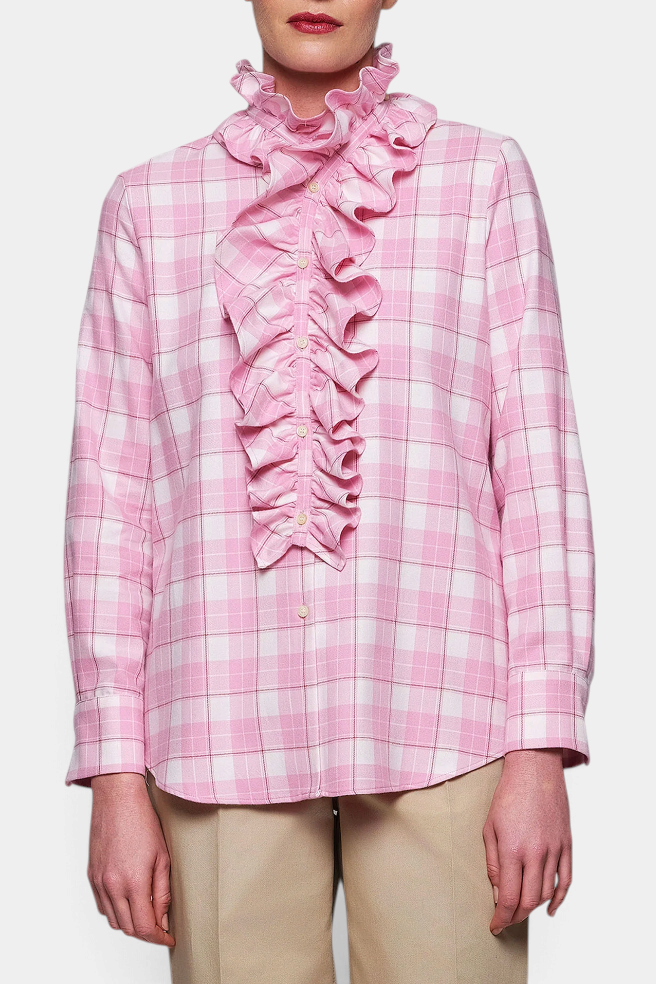 The Copper Shed pink plaid cotton flannel shirt featuring a removable ruffle trim along the collar and button placket.