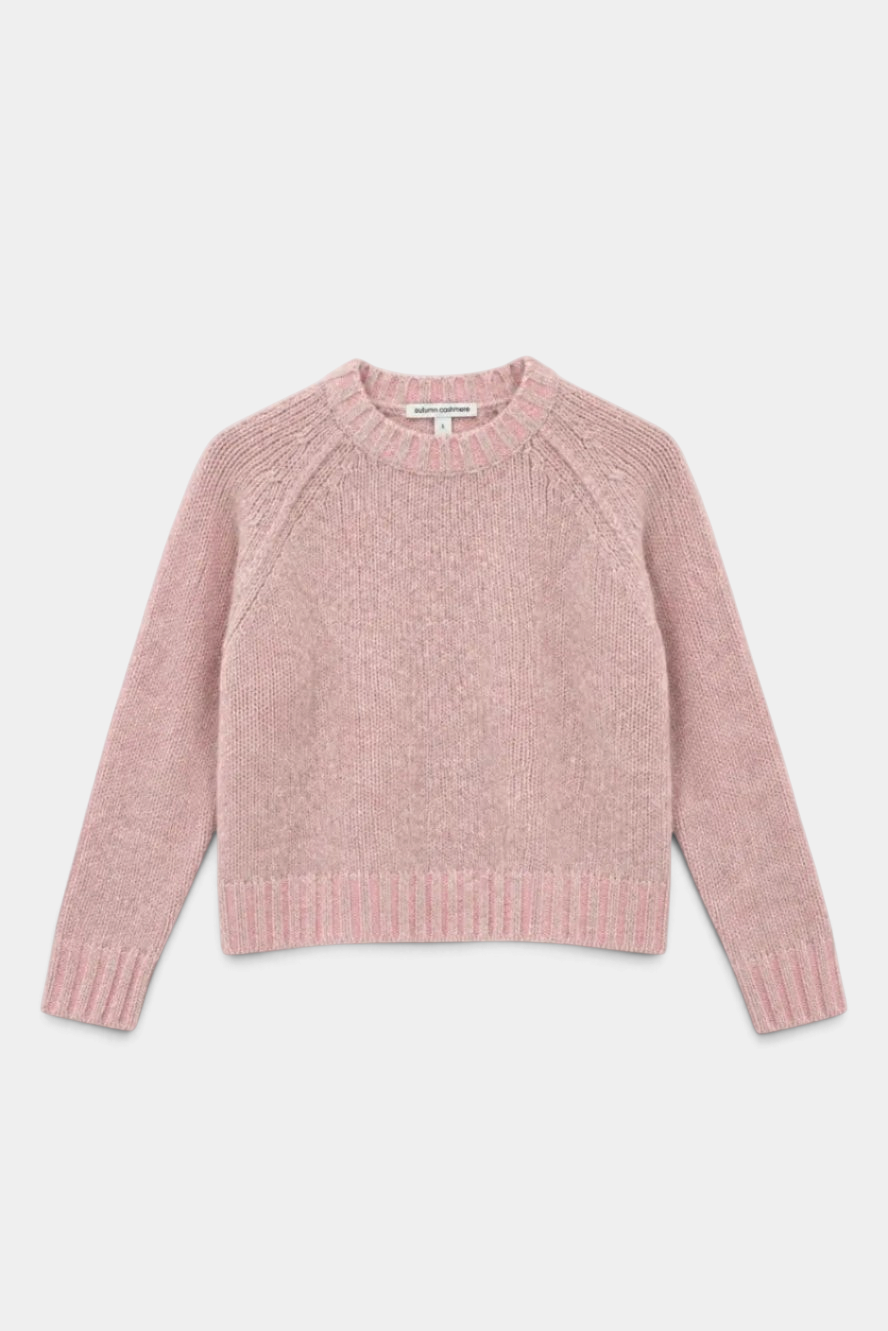 The Copper Shed Autumn Cashmere pink plaited raglan crewneck sweater in a soft merino wool and cashmere blend.