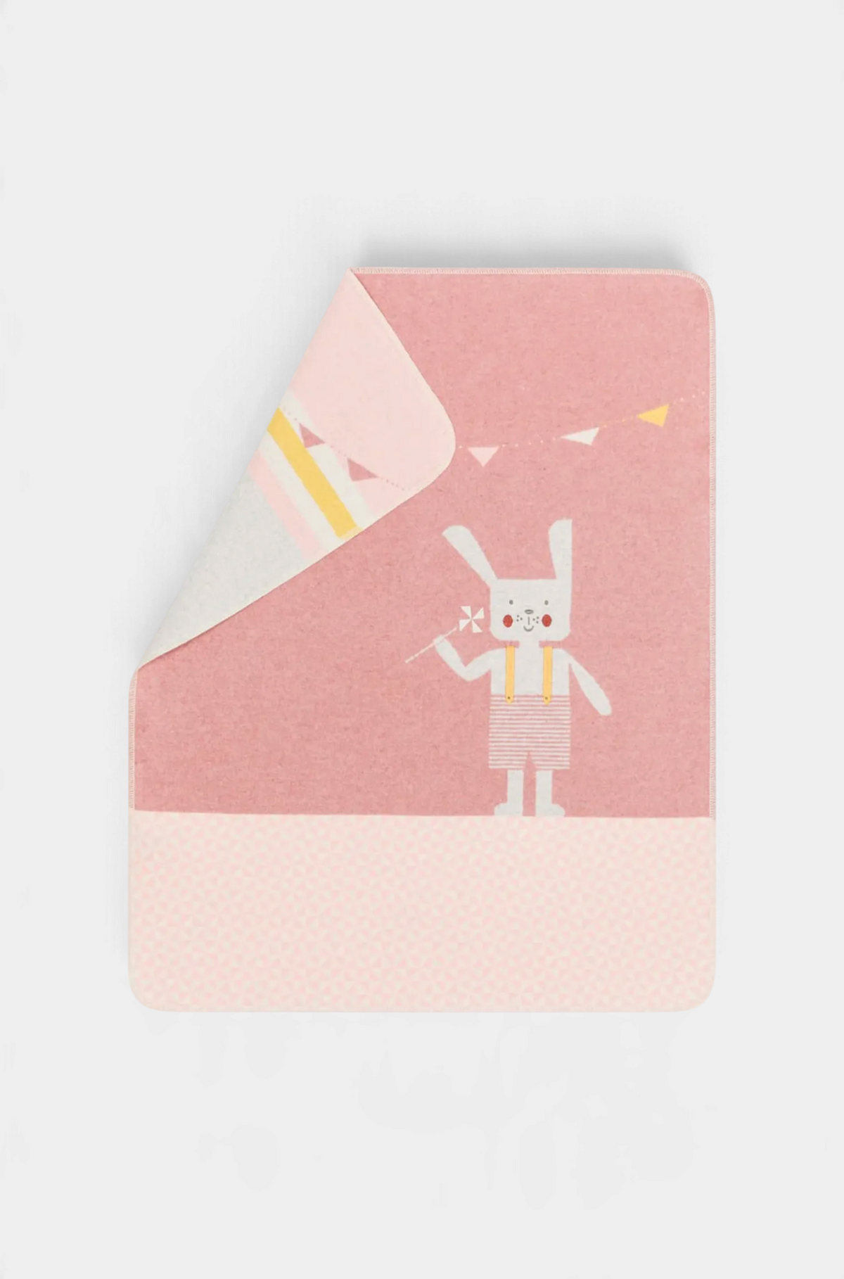 The Copper Shed JUWEL baby blanket in pink with a cute embroidered bunny design and soft cotton blend fabric.