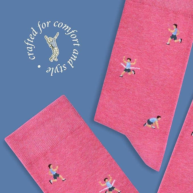 The Copper Shed pink cotton novelty socks featuring a repeating pattern of runners in various athletic poses.